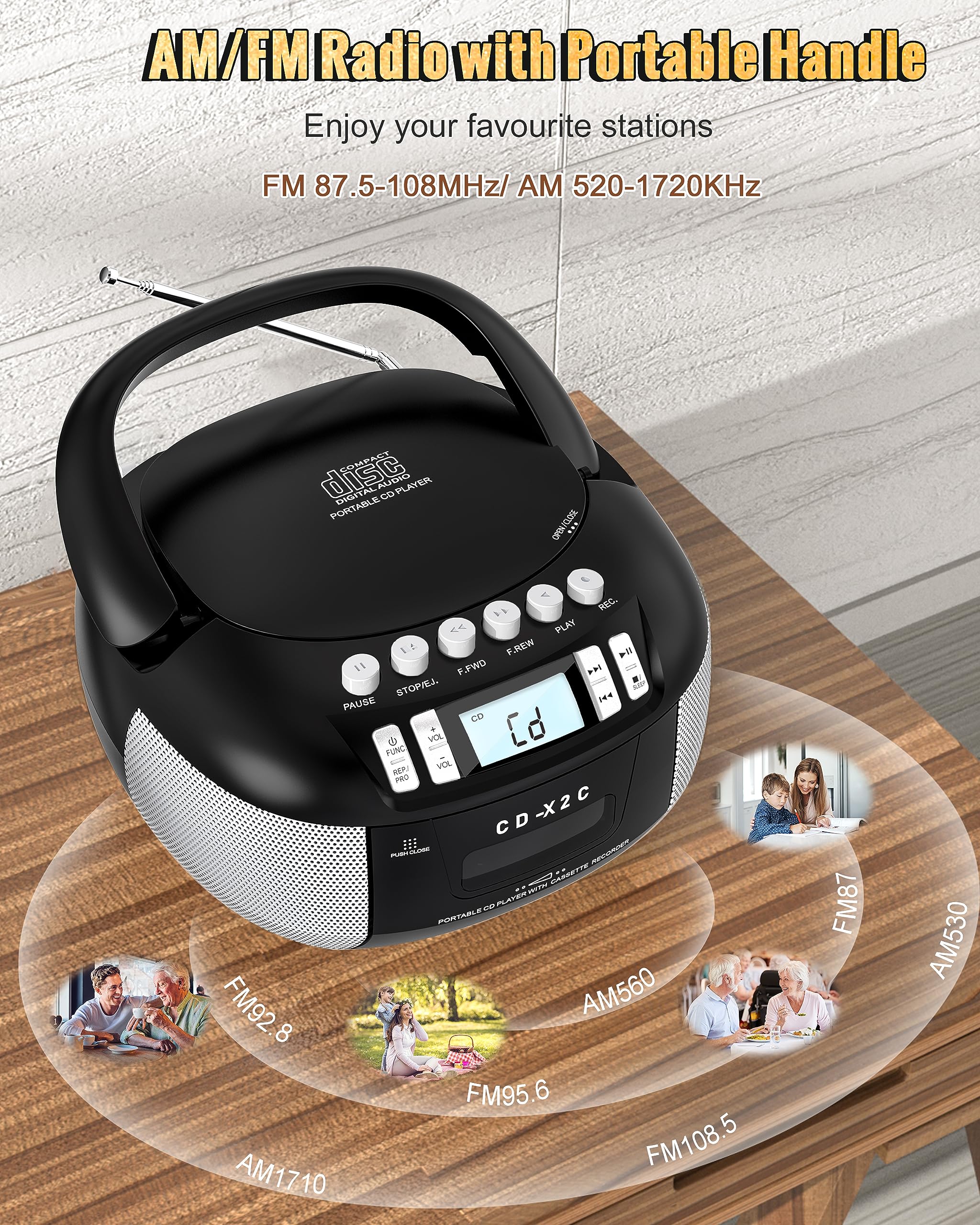 Sunoony Cd And Cassette Player Combo, Boombox Cd Player Portable With Am/Fm Radio, Tape Recording, Stereo Sound, Ac/Dc Powered,